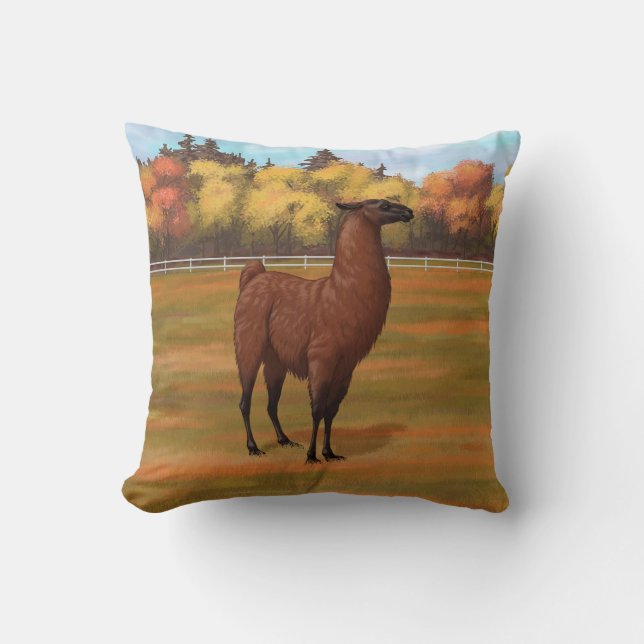 Brown Llama in Autumn Farm Pasture Throw Pillow (Front)