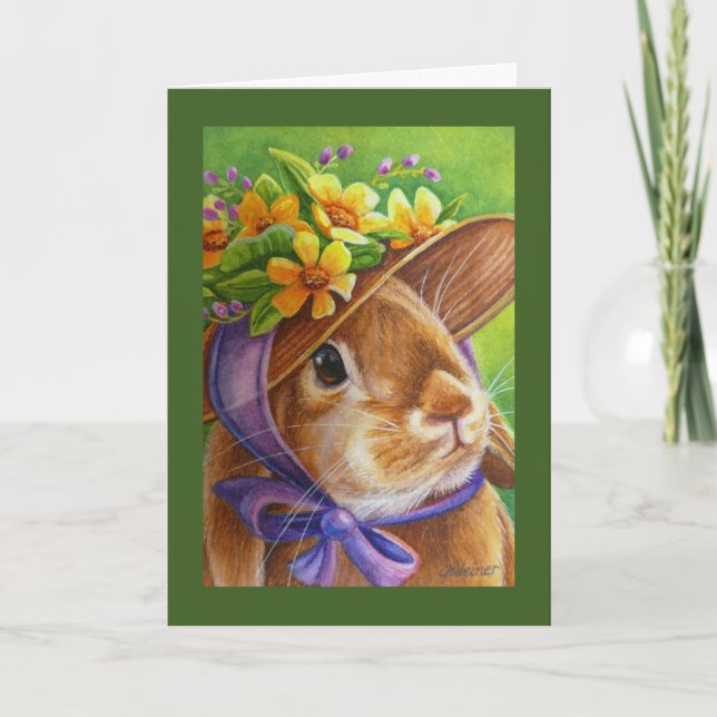 Brown Lop Eared Rabbit in Bonnet Watercolor Art Card (Front)