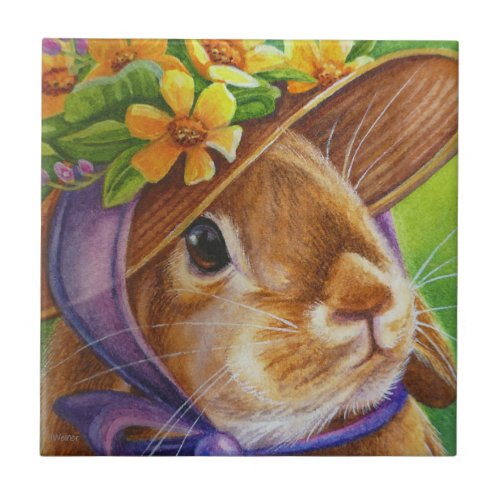 Brown Lop Eared Rabbit in Bonnet Watercolor Art Ceramic Tile