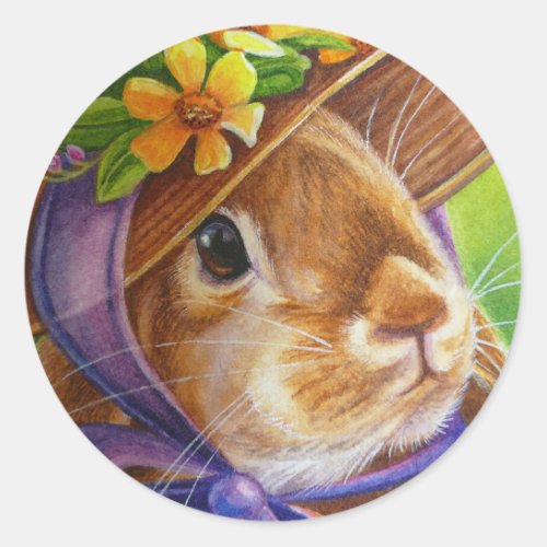 Brown Lop Eared Rabbit in Bonnet Watercolor Art Classic Round Sticker