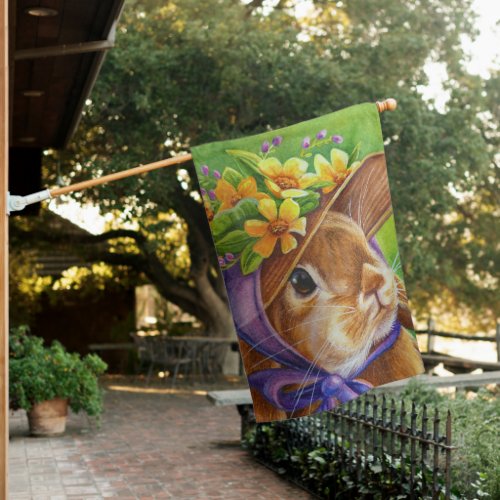 Brown Lop Eared Rabbit in Bonnet Watercolor Art Ho House Flag