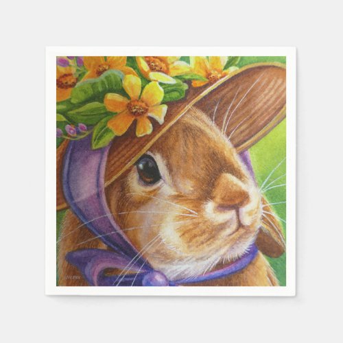 Brown Lop Eared Rabbit in Bonnet Watercolor Art Napkins