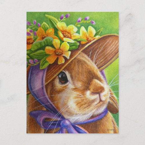 Brown Lop Eared Rabbit in Bonnet Watercolor Art Postcard