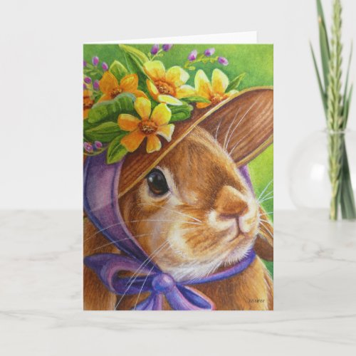 Brown Lop Earred Rabbit in Bonnet Watercolor Art Card