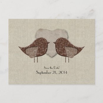 Brown Lovebirds Linen Look Save The Date Announcement Postcard by RiverJude at Zazzle