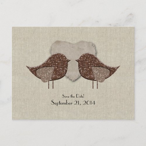 Brown Lovebirds Linen Look Save the Date Announcement Postcard