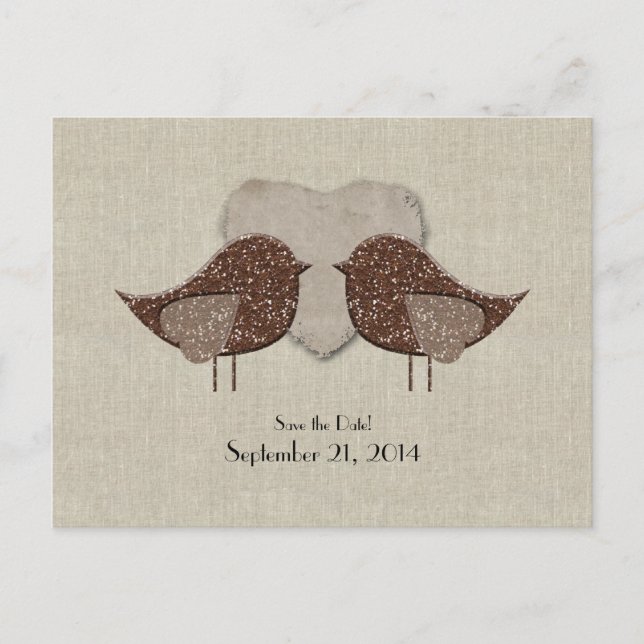Brown Lovebirds Linen Look Save the Date Announcement Postcard (Front)