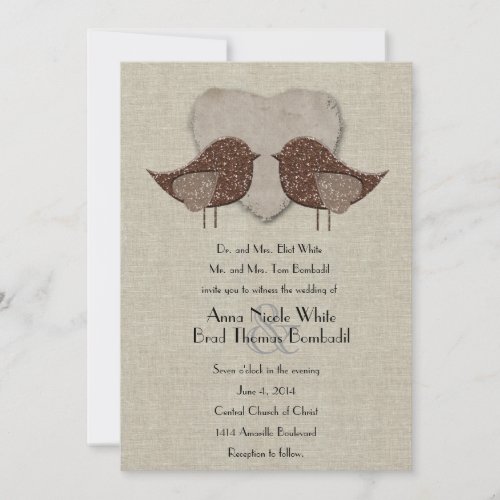 Brown Lovebirds Linen Style Wedding Invitation