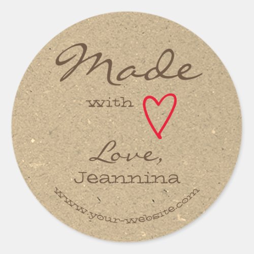 Brown Made with Love Red Heart Symbol Gray Paper  Classic Round Sticker