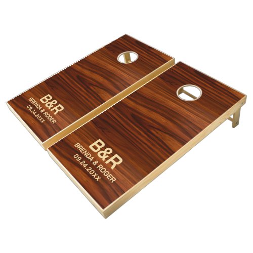 Brown Mahogany Wood Monogram Typography Design Cornhole Set