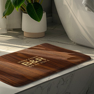 Brown Mahogany Wood Wedding Monogram Bath Mat