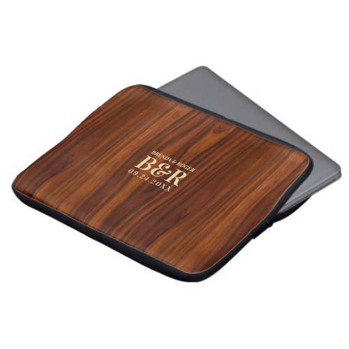 Brown Mahogany Wood Wedding Monogram Laptop Sleeve