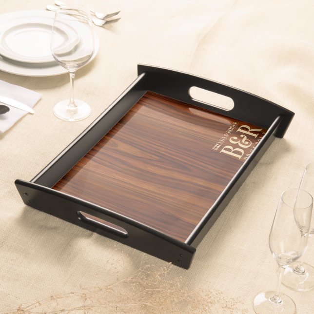 Brown MahogWood Wedding Monogram Typography Design Serving Tray (Front)
