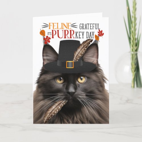 Brown Maine Coon Cat Grateful for PURRkey Day Holiday Card