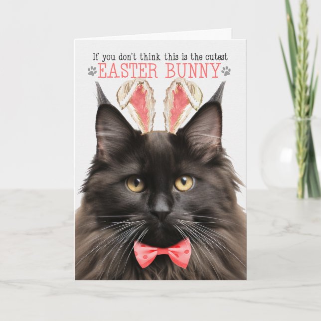 Brown Maine Coon Cat in Bunny Ears for Easter Holiday Card (Front)