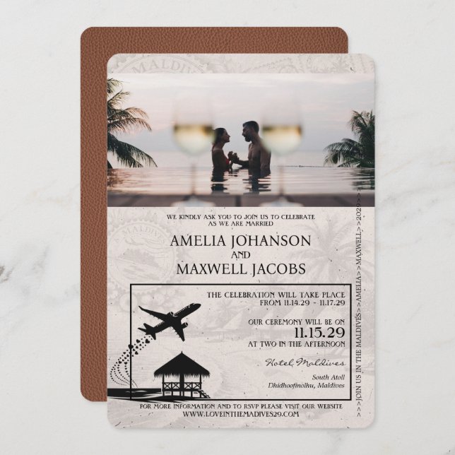 Brown Maldives Passport Wedding Invitation (Front/Back)