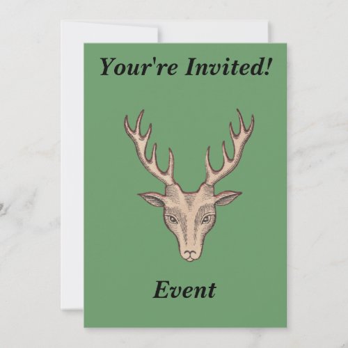 Brown Male Deer Head Big Antlers Green Invitation
