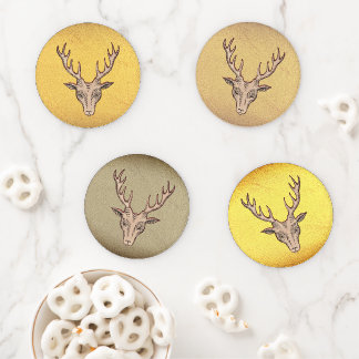 Brown Male Deer Heads Big Antlers Golden Colors Coaster Set