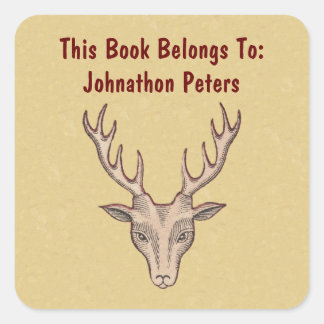 Brown Male Head of Deer Antlers Red Outline Tan Square Sticker