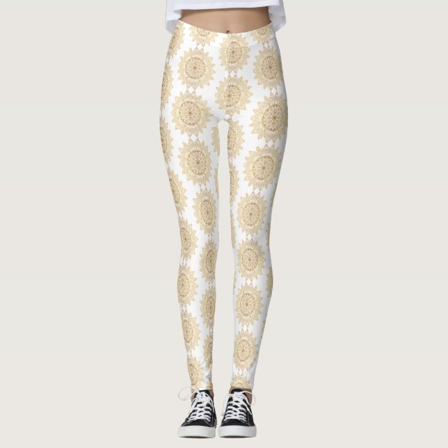 Brown Mandala Pattern on White Background Elegant  Leggings (Front)