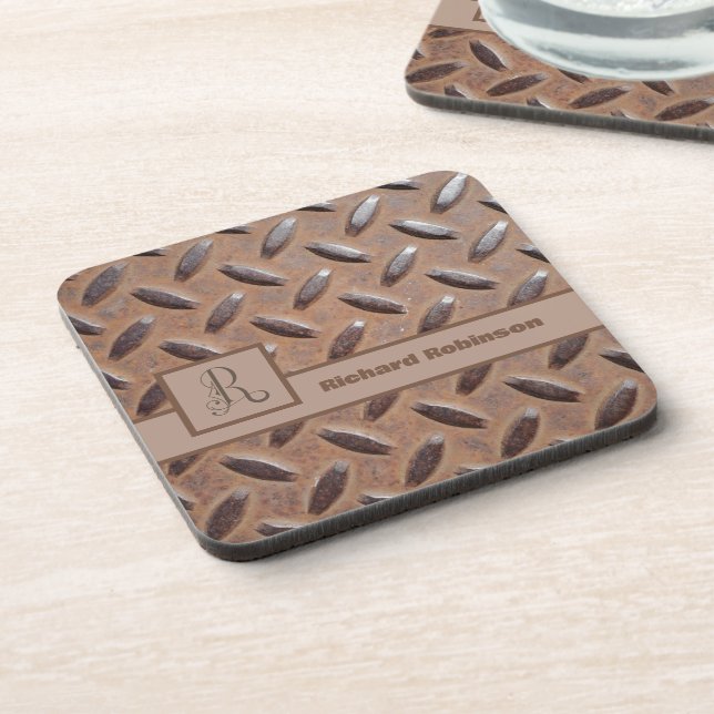 Brown Manhole Cover Pattern, Monogram Name & Title Beverage Coaster (Left Side)