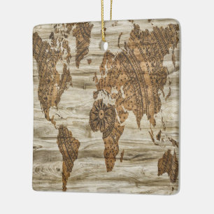 Brown map of the world print ceramic ornament