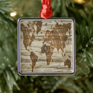 Brown map of the world print metal ornament