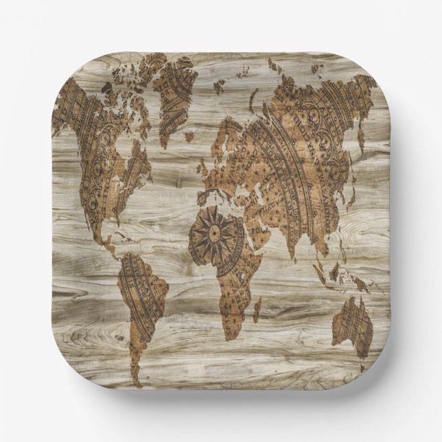 Brown map of the world print paper plates (Front)