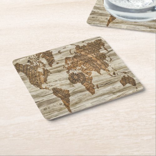 Brown map of the world print square paper coaster