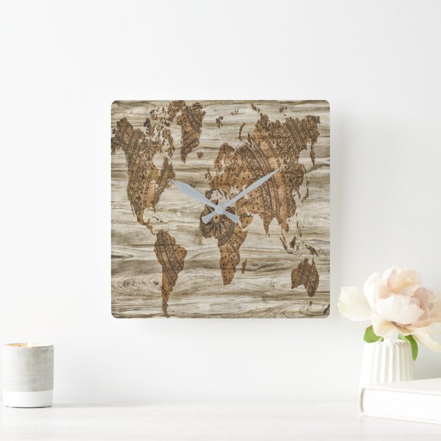 Brown map of the world print square wall clock (Home)