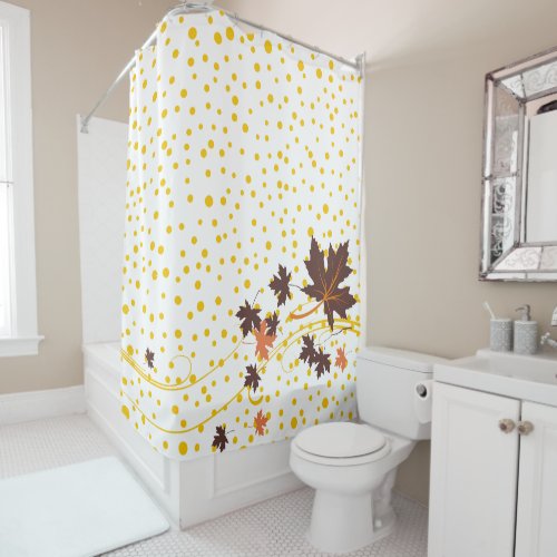 Brown maple leaves and yellow polka dots fall shower curtain