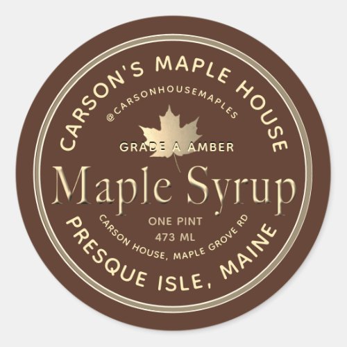 Brown Maple Syrup Label with Gold Border and Leaf