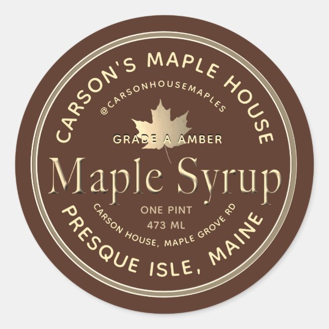 Brown Maple Syrup Label with Gold Border and Leaf (Front)