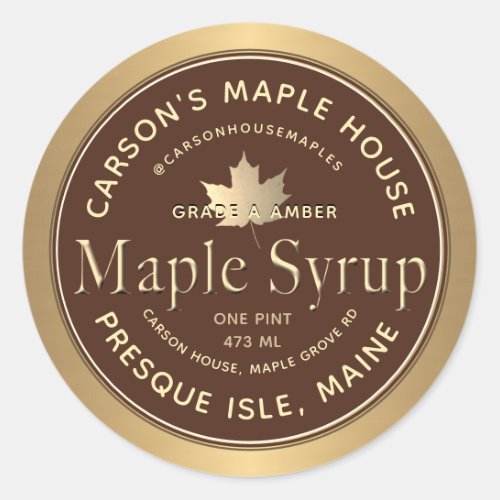 Brown Maple Syrup Label with Gold Border and Leaf