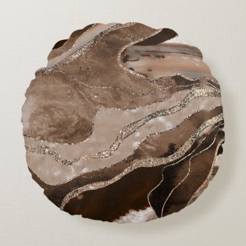 Brown Marble Agate Gold Glitter Glam 1 Round Pillow