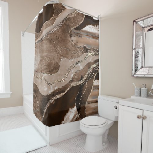 Brown Marble Agate Gold Glitter Glam 1  Shower Curtain