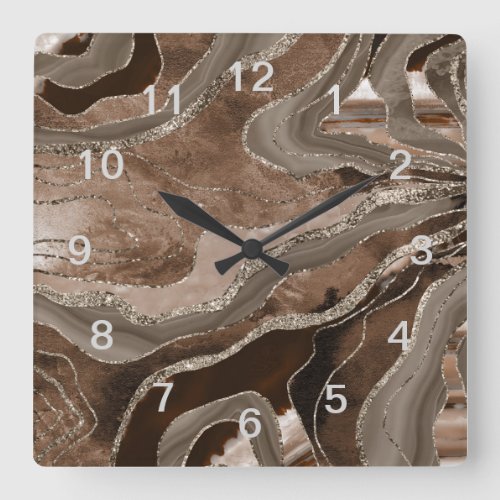 Brown Marble Agate Gold Glitter Glam 2 Square Wall Clock
