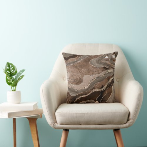 Brown Marble Agate Gold Glitter Glam 2  Throw Pillow