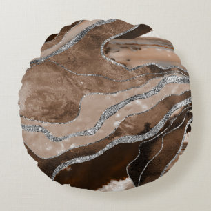 Brown Marble Agate Silver Glitter Glam #1 Round Pillow