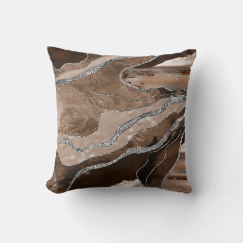 Brown Marble Agate Silver Glitter Glam 1  Throw Pillow