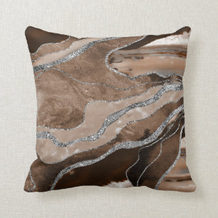 Brown Marble Agate Silver Glitter Glam #1  Throw Pillow