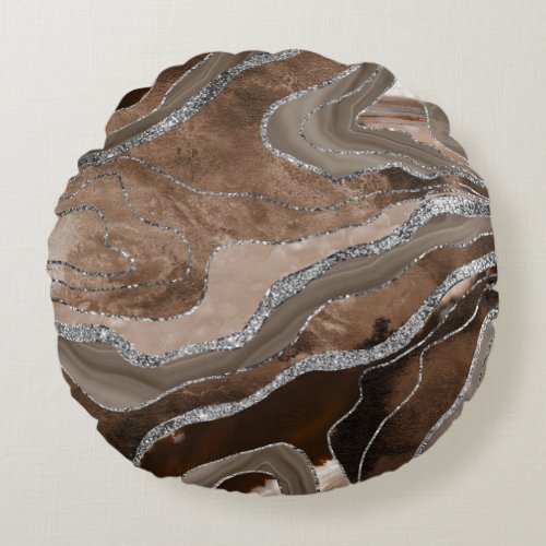 Brown Marble Agate Silver Glitter Glam 2   Round Pillow