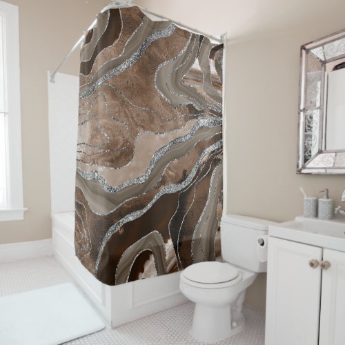 Brown Marble Agate Silver Glitter Glam 2   Shower Curtain