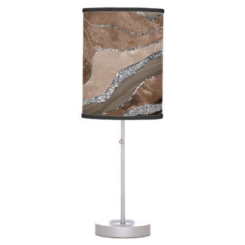 Brown Marble Agate Silver Glitter Glam 2   Table Lamp