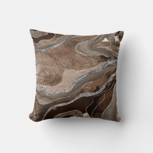 Brown Marble Agate Silver Glitter Glam 2  Throw Pillow