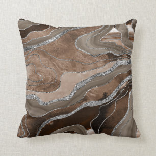 Brown Marble Agate Silver Glitter Glam #2 Throw Pillow