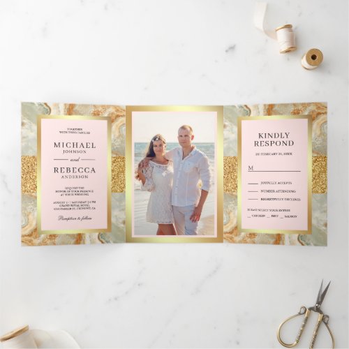 Brown Marble Gold Glitter Blush Pink Wedding Tri_Fold Invitation