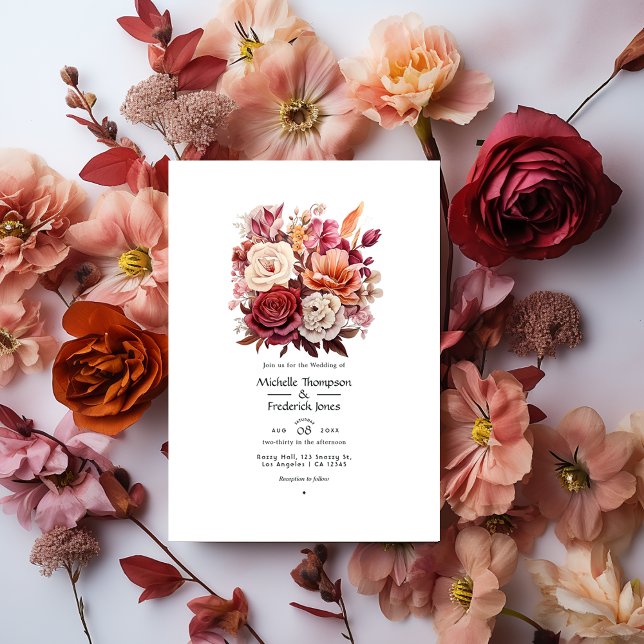 Brown, Maroon and Salmon Floral Fall Wedding Invitation (Creator Uploaded)