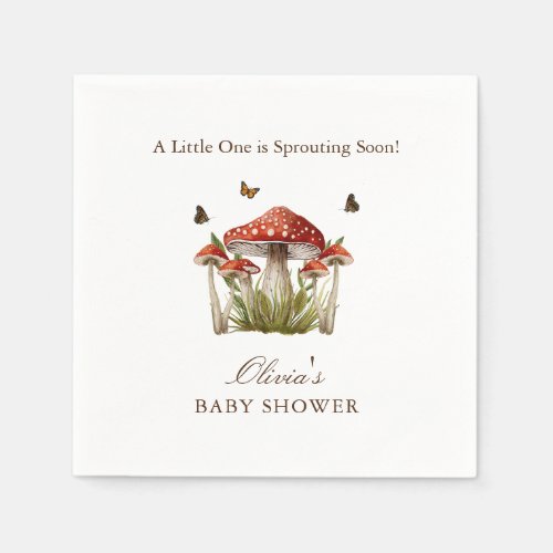 Brown Maroon Mushroom Butterfly Theme Baby Shower Napkins