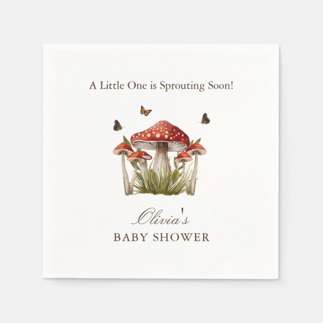 Brown Maroon Mushroom Butterfly Theme Baby Shower Napkins (Front)